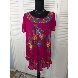 California Woman Top Free Size M/L Embroidered Pink Sequins Bohemian Tunic Flowy